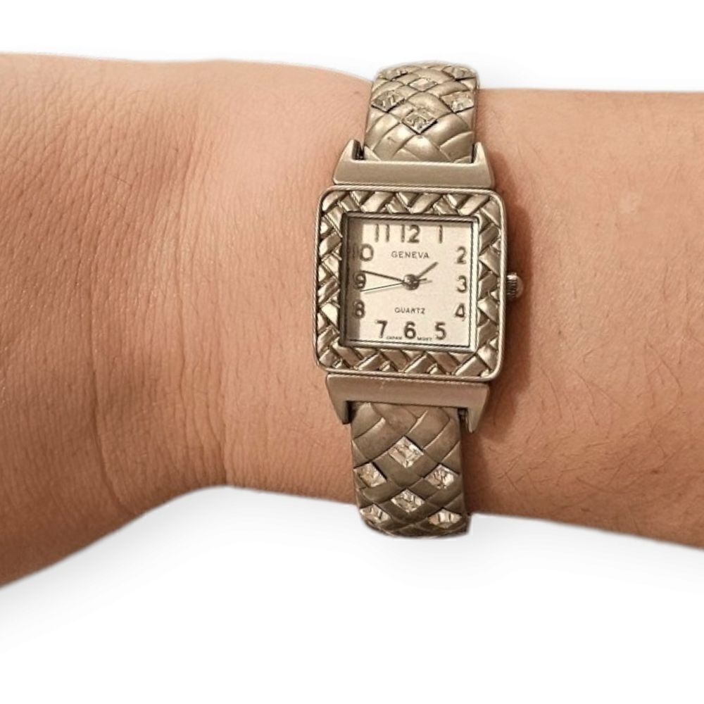 Geneva Silver-tone Basket Weeve & Crystal Open Cuff Watch